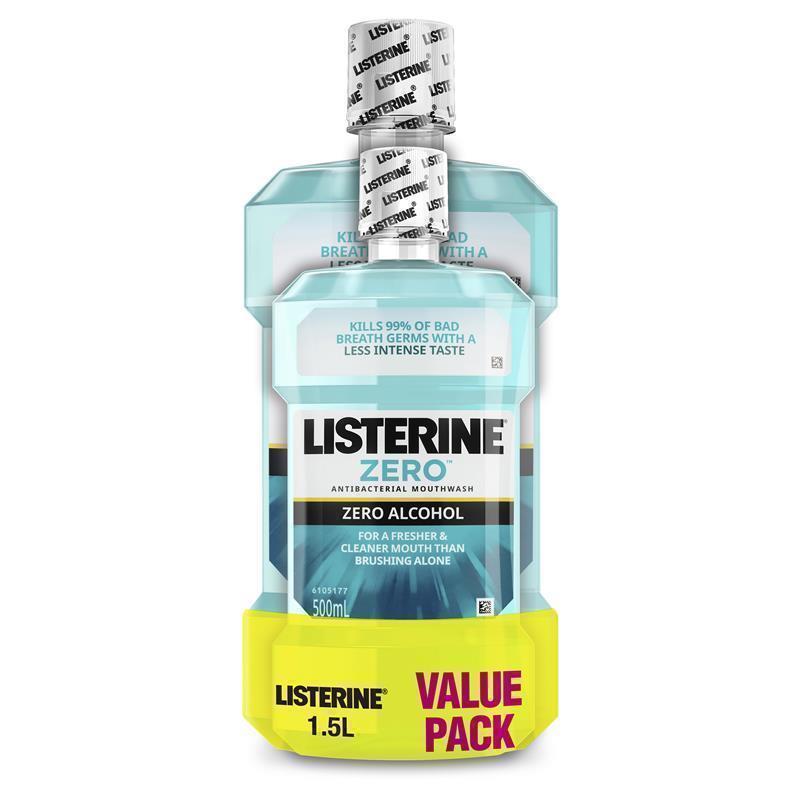 Listerine Zero Alcohol Antibacterial Mouthwash Less Intense Taste Value Pack 1.5L