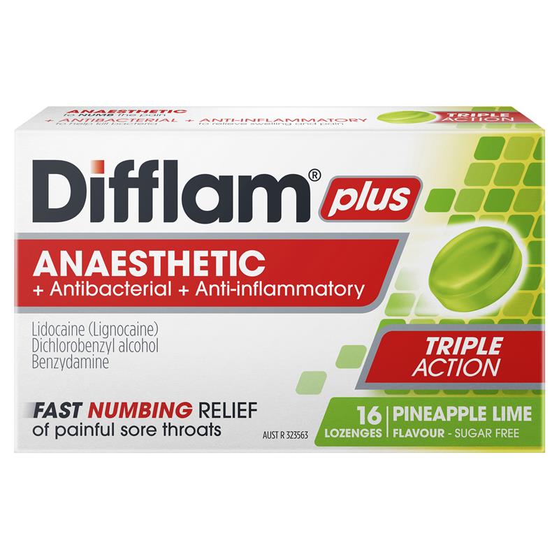 Difflam Plus Anaesthetic Sugar Free Pineapple & Lime Lozenges - 16 Count