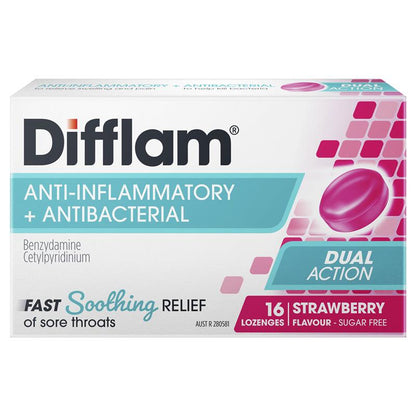 Difflam Sore Throat Lozenges - Sugar Free Strawberry (16 Lozenges)
