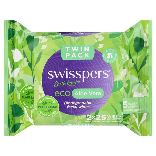Swisspers Eco Aloe Vera Biodegradable Facial Wipes - Twin Pack (2 x 25 Wipes)