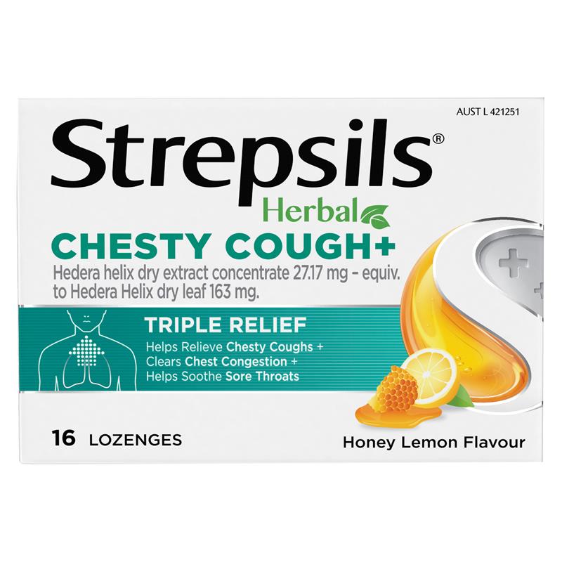 Strepsils Herbal Chesty Cough+ Lozenges Honey Lemon 16 Pack - Triple Relief Formula