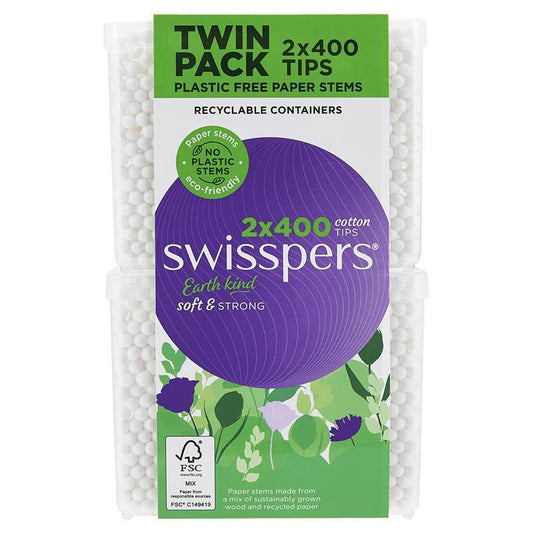 Swisspers Earth Kind Cotton Tips with Paper Stems - Twin Pack (2x400)