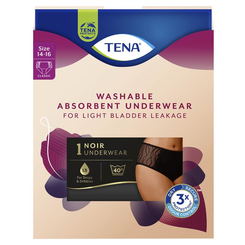 TENA Washable Absorbent Underwear Classic Noir - Size 14-16