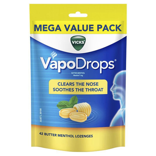 Vicks VapoDrops Butter Menthol 42 Lozenges - Soothing Relief for Cough and Cold