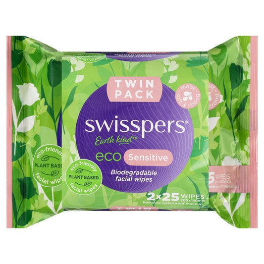 Swisspers Eco Sensitive Biodegradable Facial Wipes - Twin Pack (2 x 25 Wipes)
