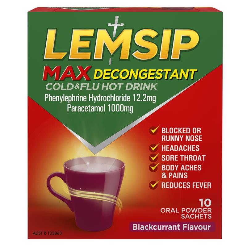 Lemsip Max Cold & Flu Hot Drink with Decongestant Blackcurrant 10 Sachets - Fast Relief