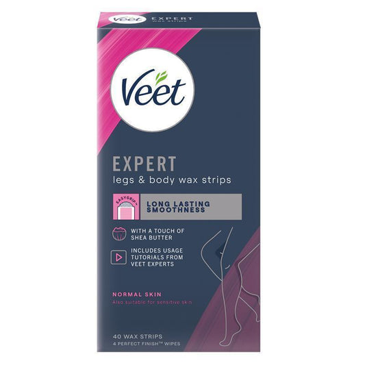 Veet Expert Cold Wax Strips for Legs & Body, 40-Pack with Wipes