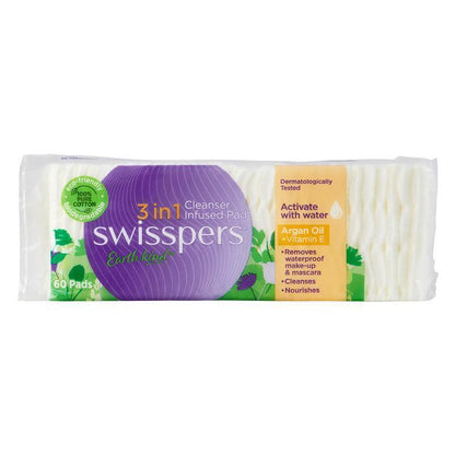 Swisspers 3in1 Argan Oil & Vitamin E Cleanser Infused Pads - 60 Pack