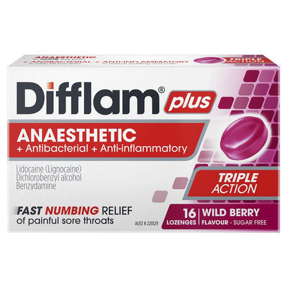 Difflam Plus Anaesthetic Sugar Free Wild Berry Lozenges - 16 Count