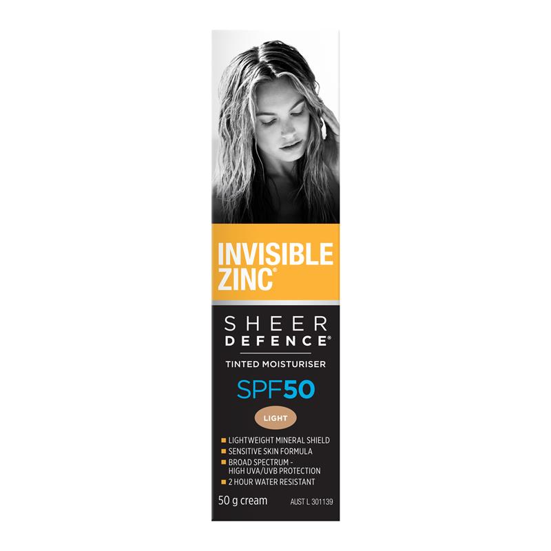 Invisible Zinc SPF 50+ Sheer Defence Tinted Moisturiser Light 50g - Flawless Protection for Everyday Use