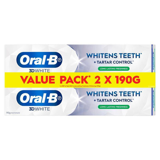 Oral B Toothpaste 3D White Whitens Teeth Long Lasting Freshness 2 x 190g Value Pack
