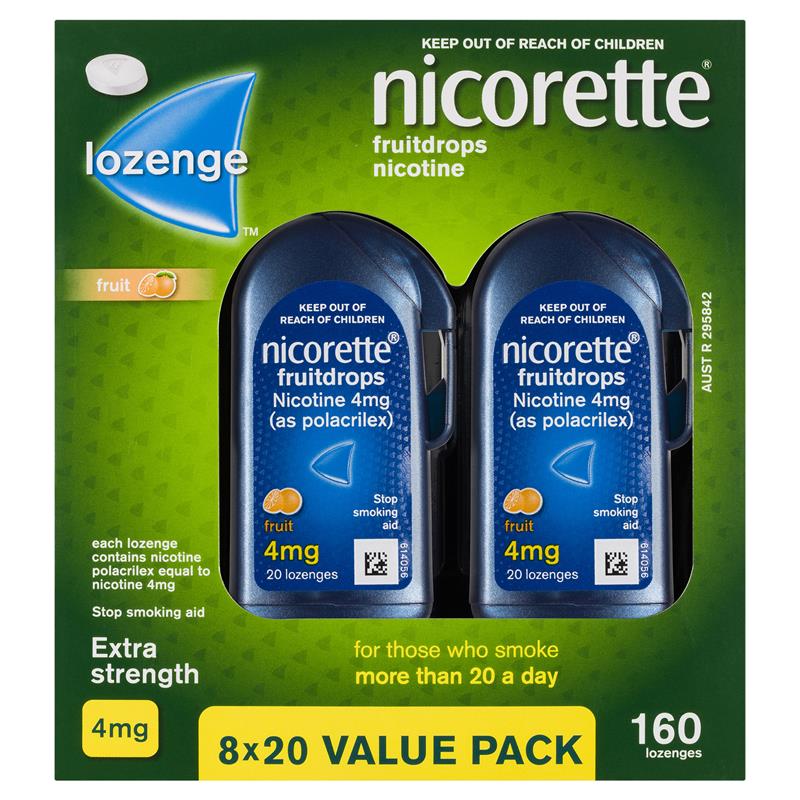 Nicorette Quit Smoking Extra Strength Nicotine Lozenge Fruitdrops - 8 x 20 Pack