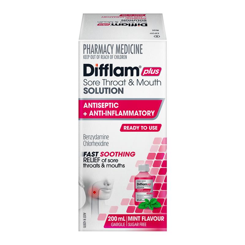 Difflam Plus Sore Throat & Mouth Solution Mint 200ml - Dual Action Relief