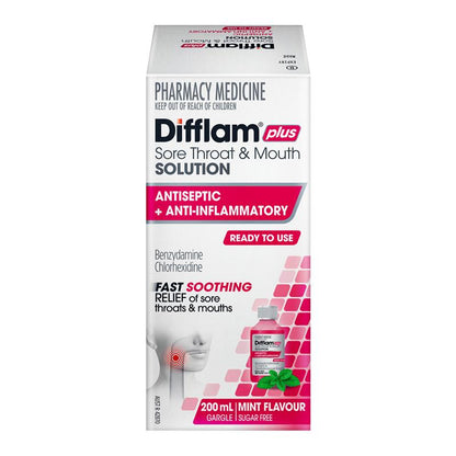 Difflam Plus Sore Throat & Mouth Solution Mint 200ml - Dual Action Relief