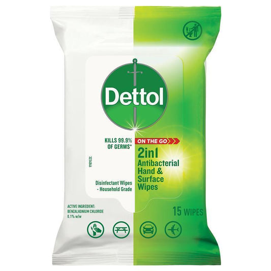 Dettol 2 in 1 Antibacterial Hands and Surface Wipes - 15 Pack