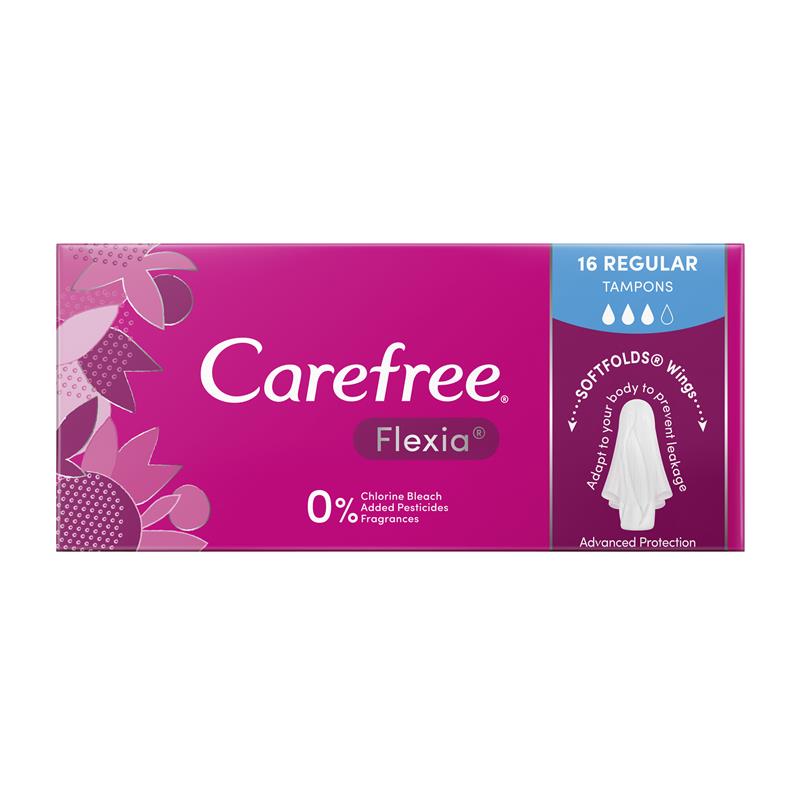 Carefree Flexia Fragrance-Free Regular Tampons with Wings, 16-Pack