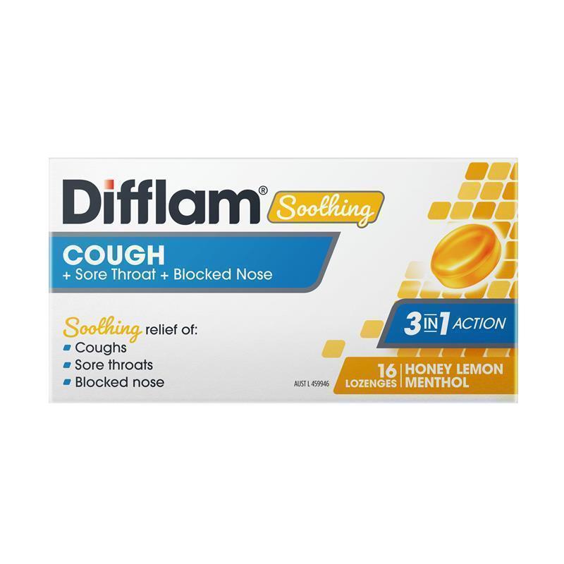 Difflam Soothing Cough + Sore Throat + Blocked Nose Honey Lemon 16 Lozenges - 3-in-1 Relief