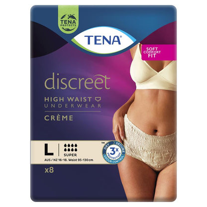 TENA Discreet High Waist Underwear – Large, Crème, 8 Pants