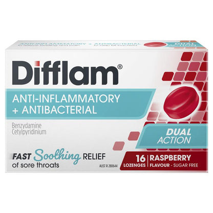 Difflam Sore Throat Sugar-Free Raspberry Lozenges - 16 Count
