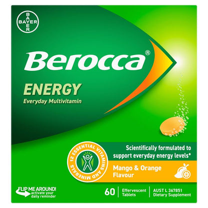 Berocca Energy Mango And Orange 60 Effervescent Tablets Exclusive Size