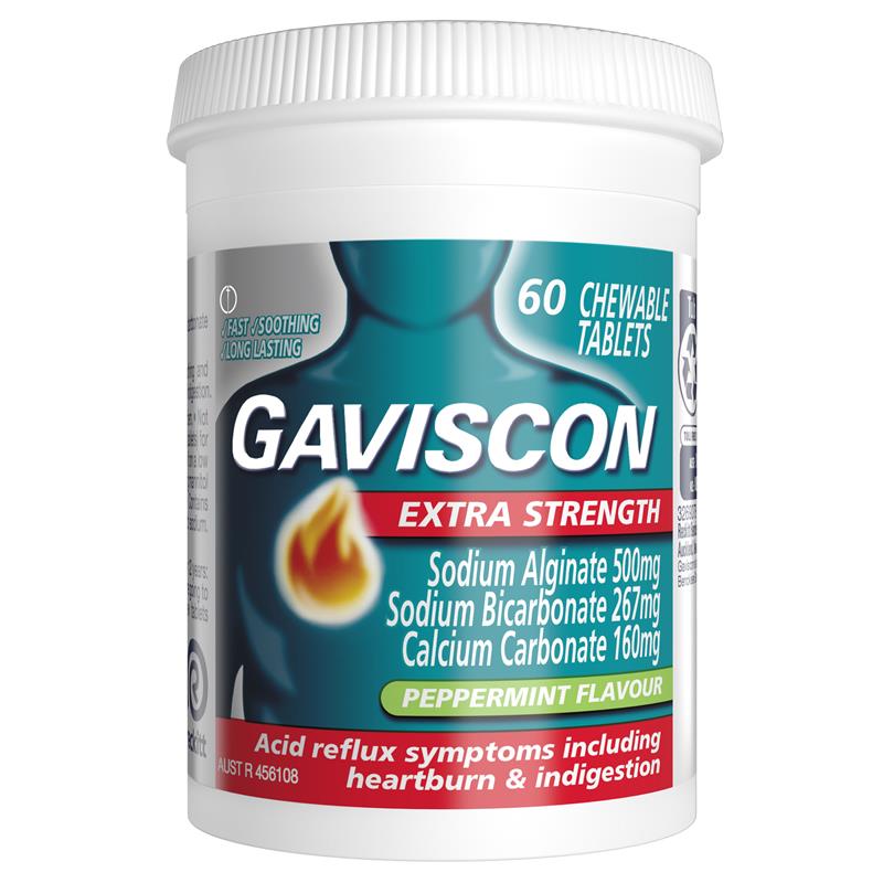 Gaviscon Extra Strength Peppermint 60 Chewable Tablets - Maximum Heartburn Relief