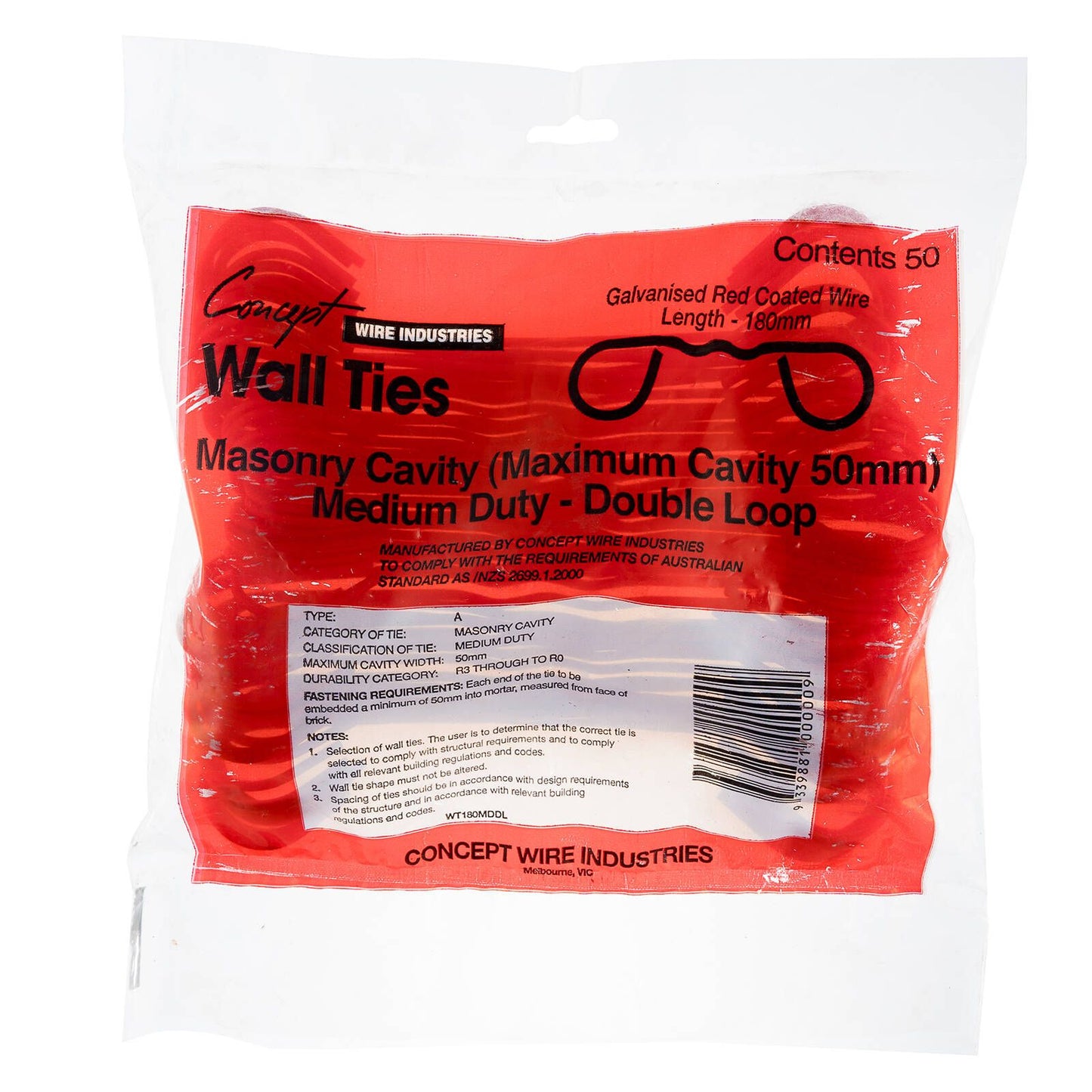 Concept Wires Red Medium Duty Double Loop Wire Brick Tie - 180mm - 50 Pack