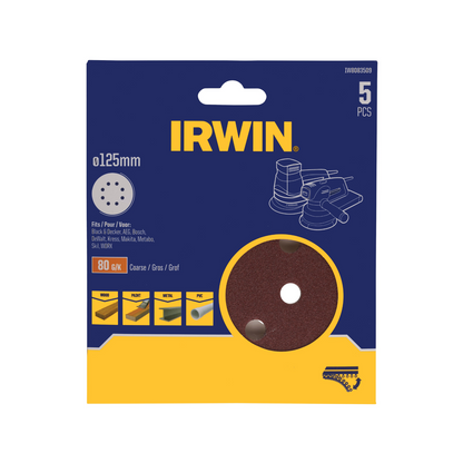 Irwin Quick Fit Random Orbital Sanding Discs - 125mm - 80 Grit - 5 Pack