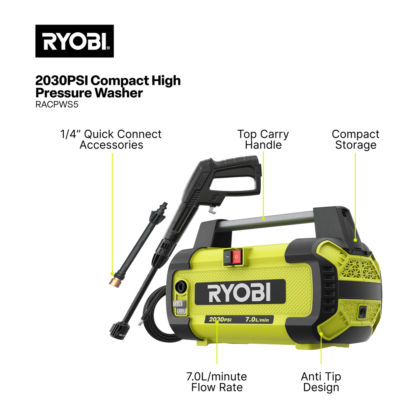 Ryobi Compact High Pressure Washer - 2030 PSI - 6.4kg