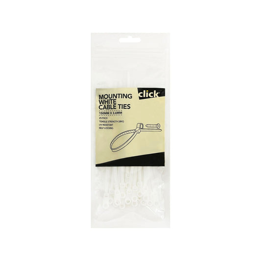 Click Mounting White Cable Tie - 150mm, 25 Pack