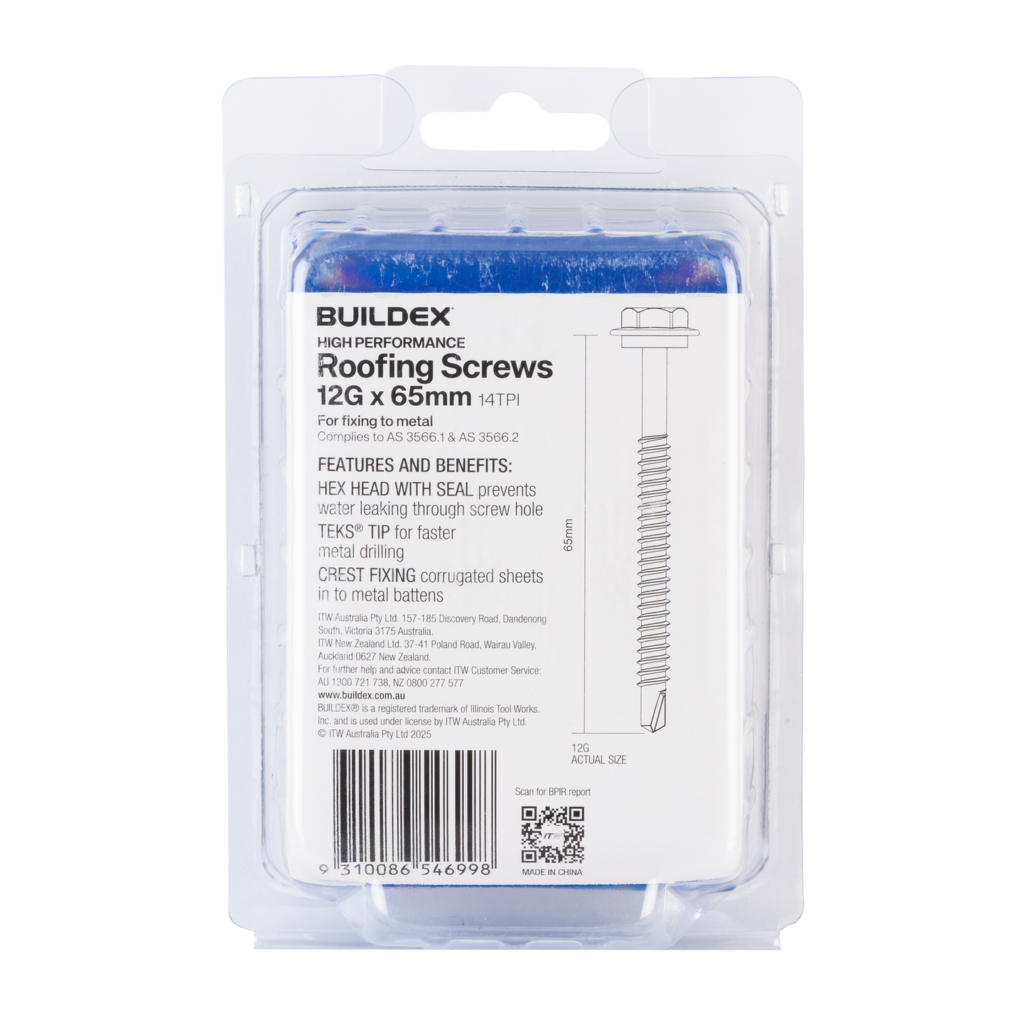Buildex Roofing Teks Screws - 12g x 65mm - Class 3 - 50 Pack
