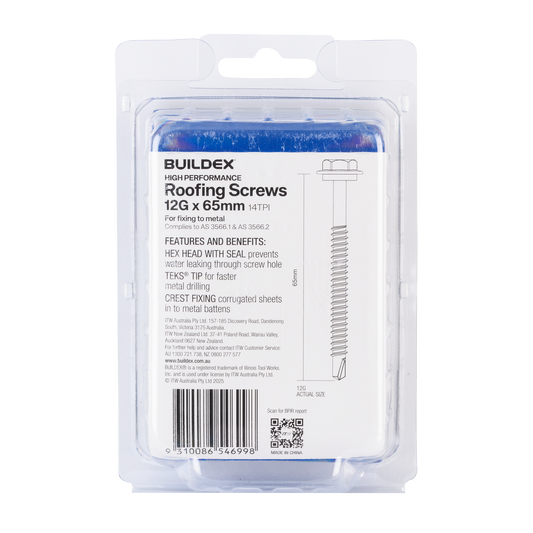 Buildex Roofing Teks Screws - 12g x 65mm - Class 3 - 50 Pack