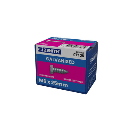 Zenith Hot Dip Galvanised Hex Head Coach Screws - M6 x 25mm - 25 Pack