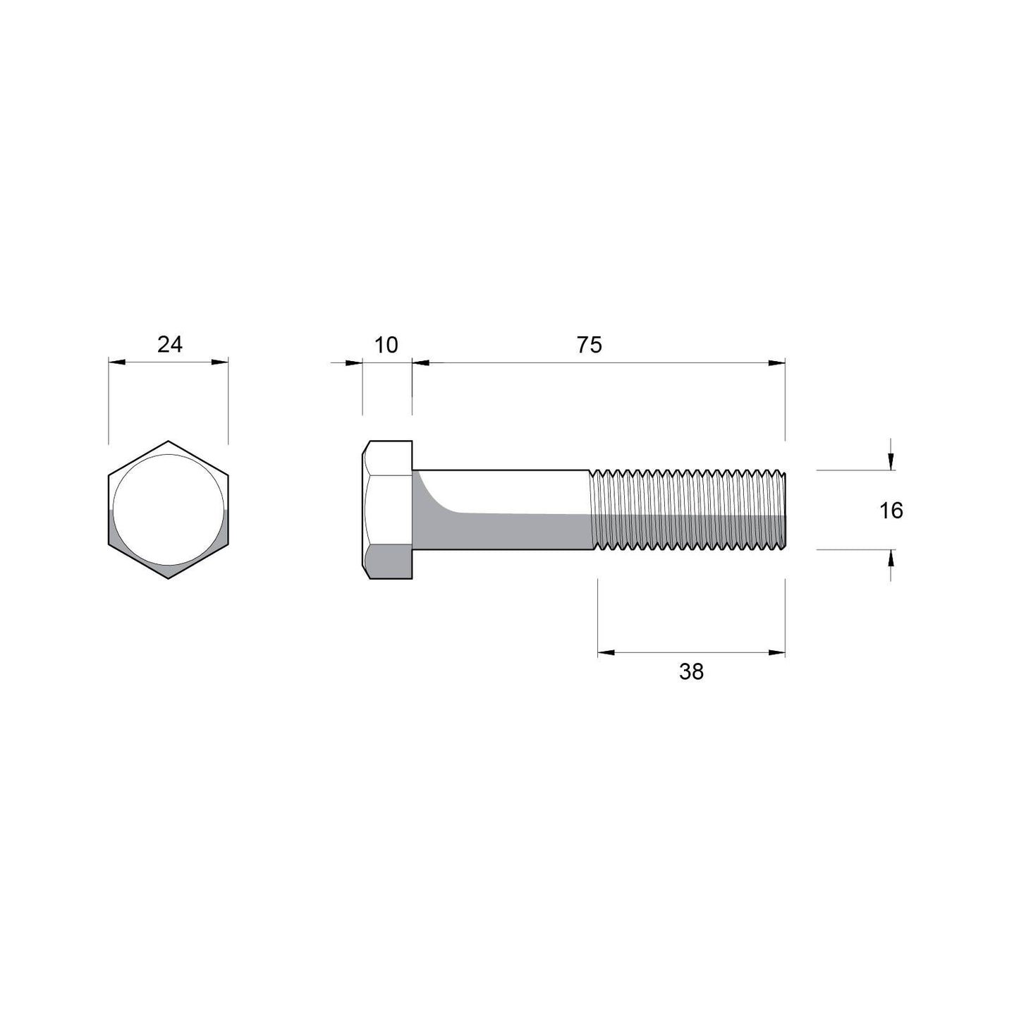 Zenith M16 x 75mm - Hot Dip Galvanised Hex Head Bolts & Nuts - 12 Pack