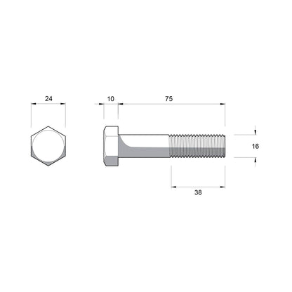 Zenith M16 x 75mm - Hot Dip Galvanised Hex Head Bolts & Nuts - 12 Pack