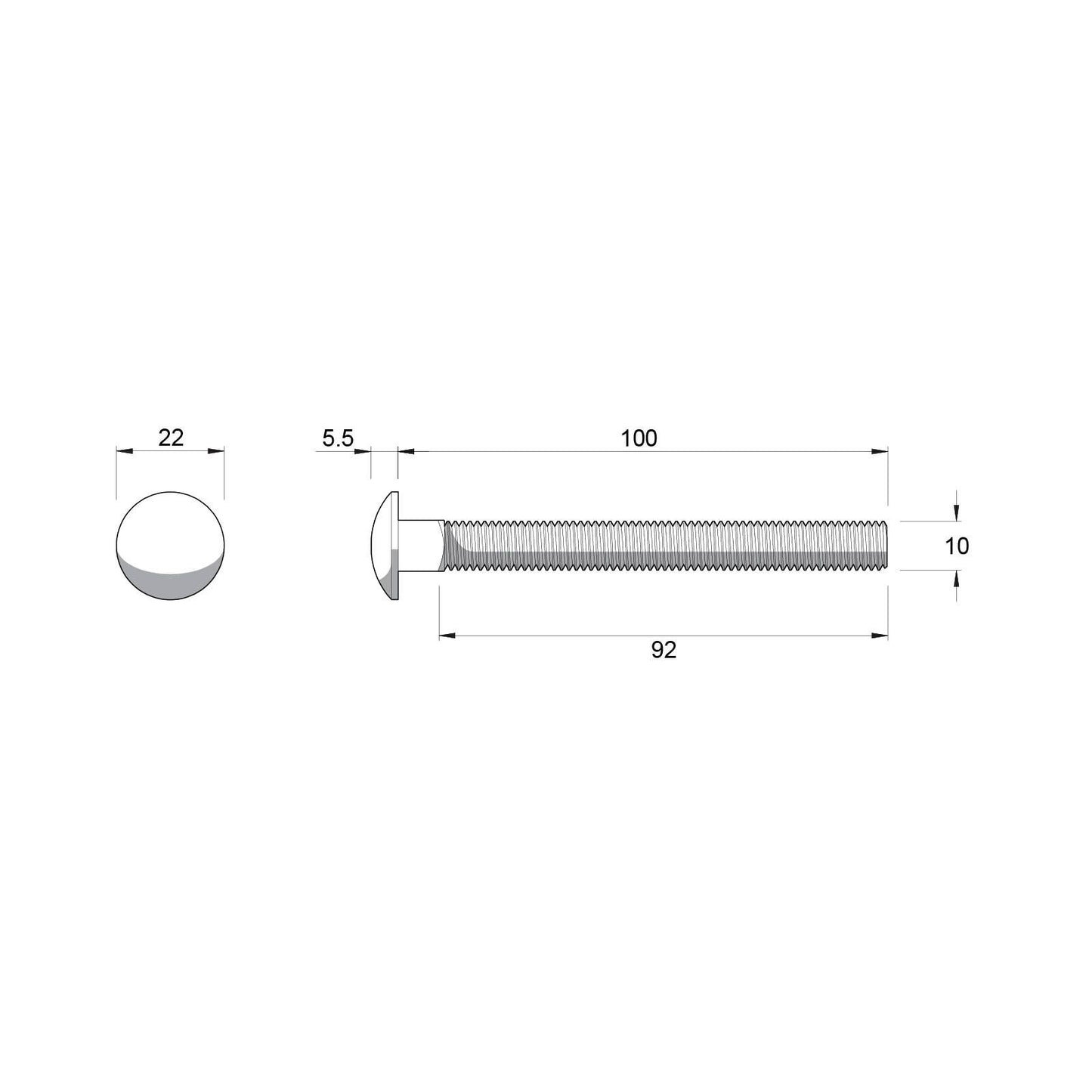 Zenith Cup Head Bolt - M10 x 100mm - Stainless Steel 304