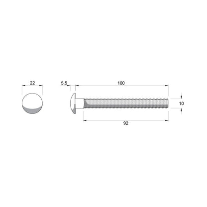 Zenith Cup Head Bolt - M10 x 100mm - Stainless Steel 304