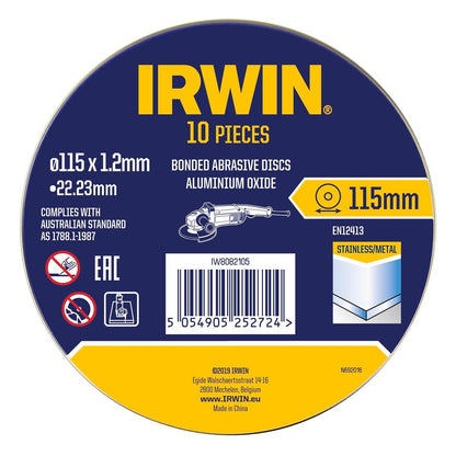 Irwin Metal Cut Off Disc 115mm 10pk - Aluminium Oxide - 2mm Thickness