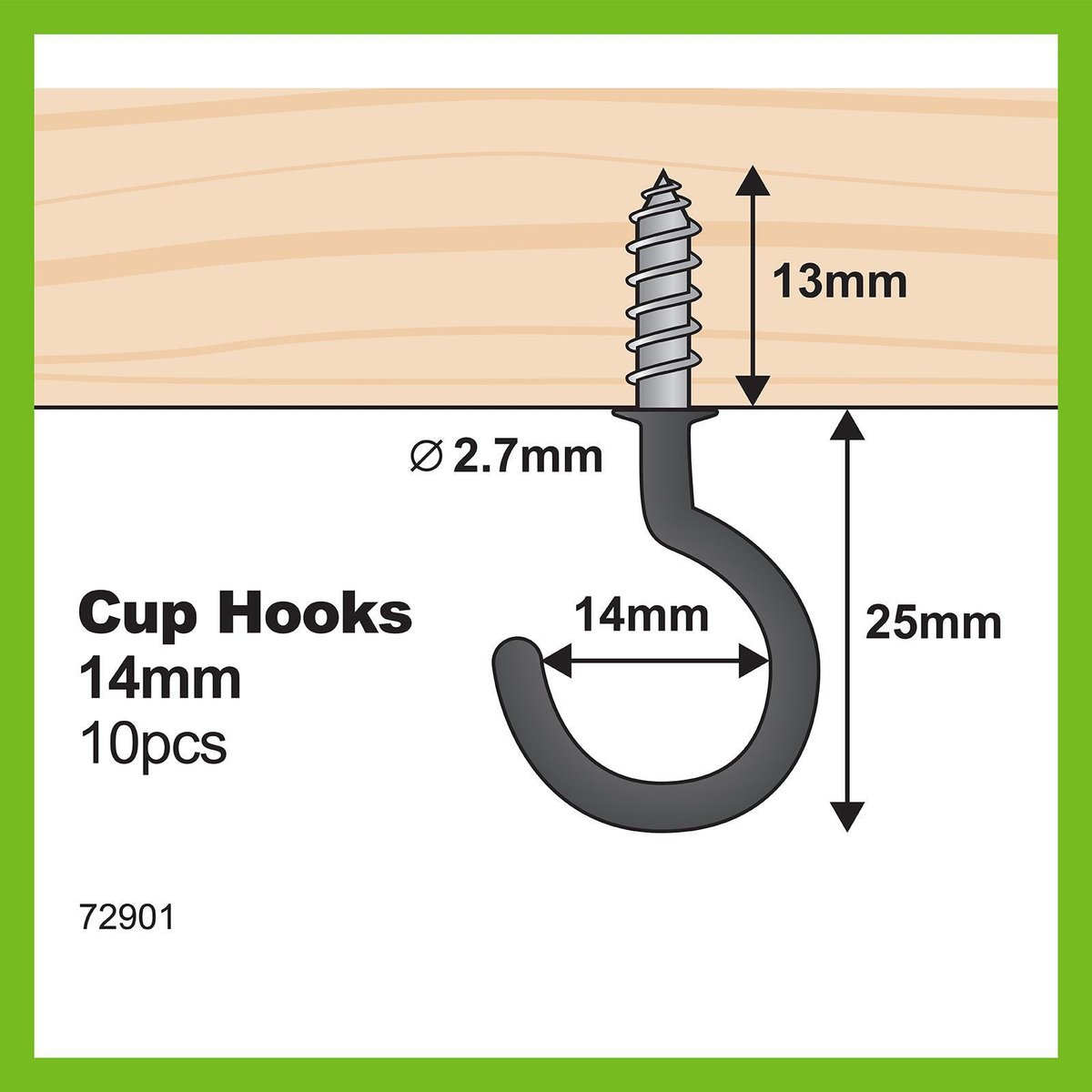 Everhang Cup Hook - 14mm - Steel - Light Duty - 10 Pack