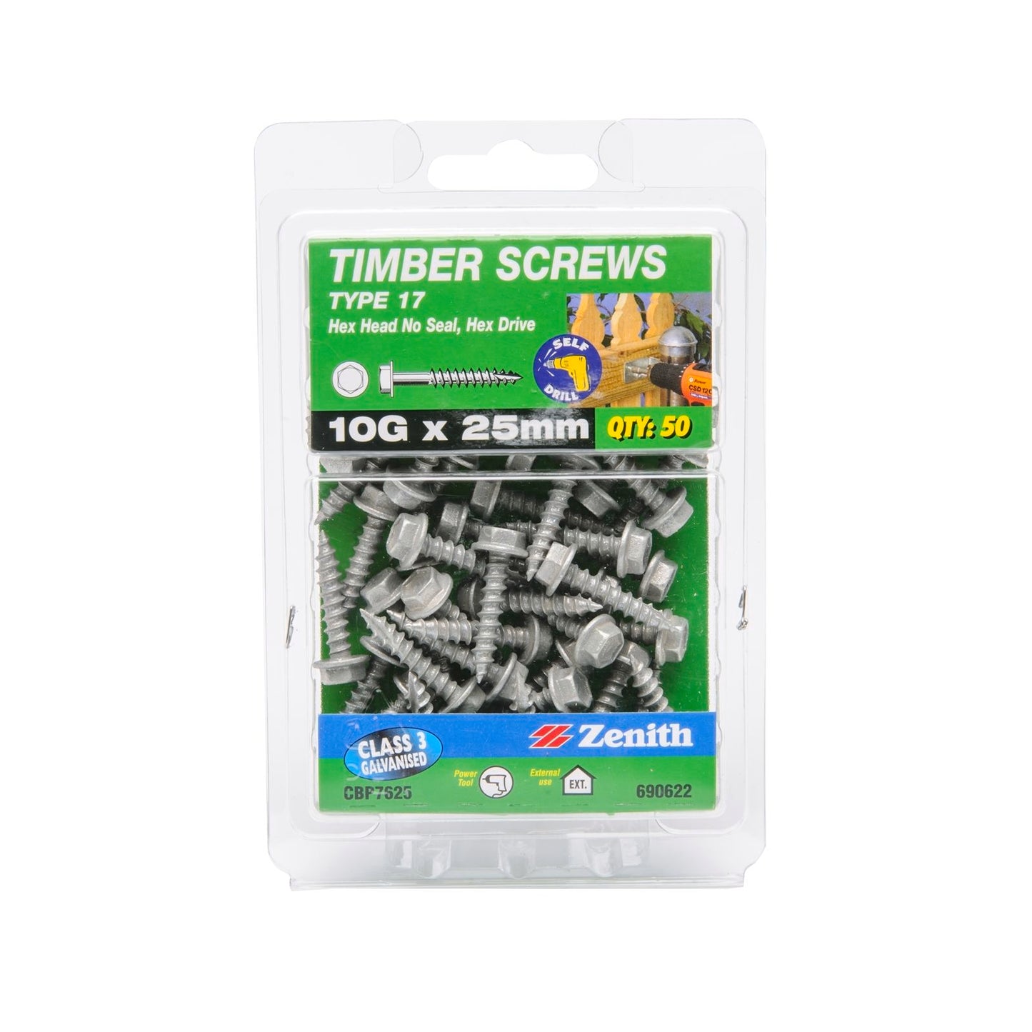 Zenith Galvanised Type 17 Hex Head Timber Screws - 10g x 25mm - 50 Pack