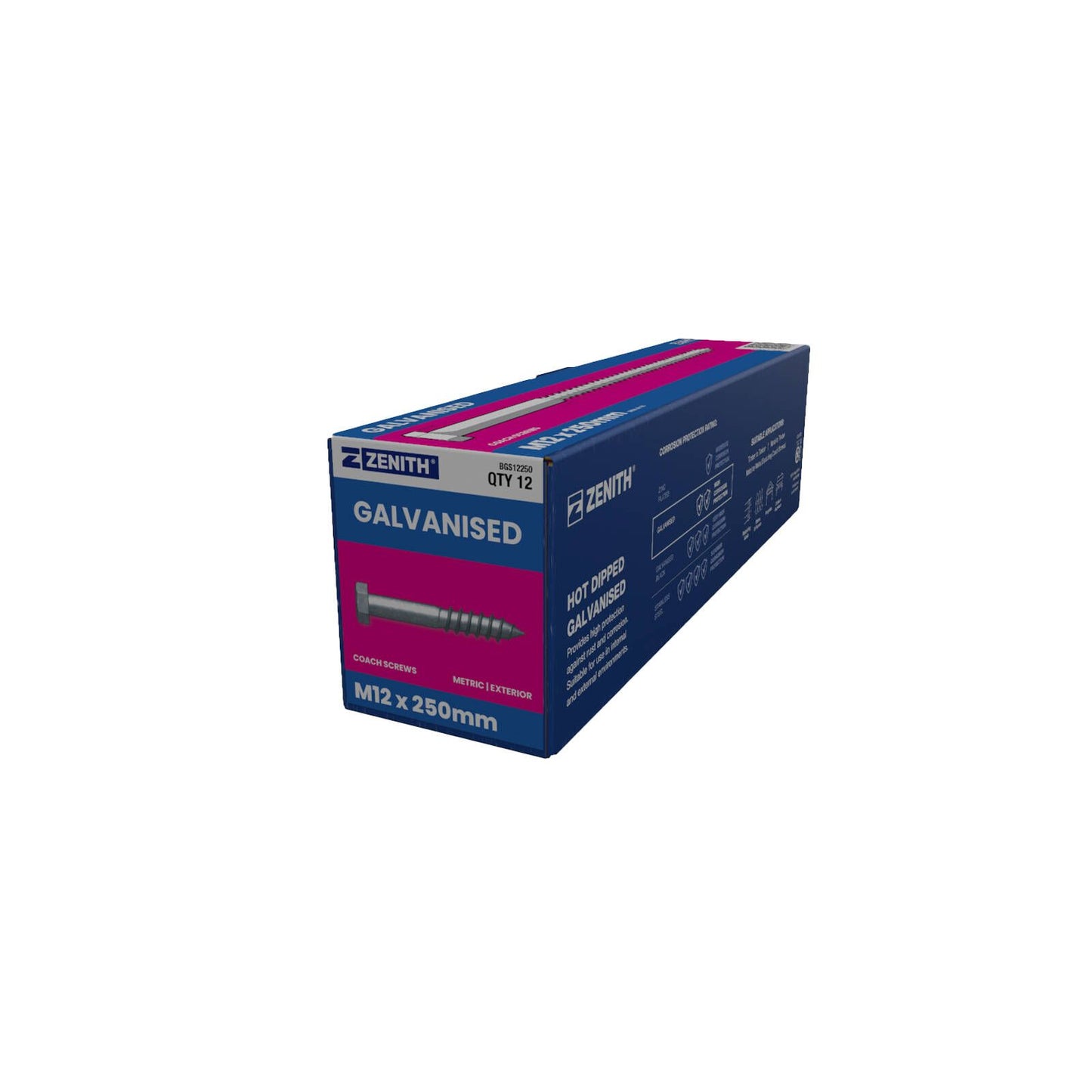 Zenith M12 Hex Head Coach Screws - 250mm - 12 Pack