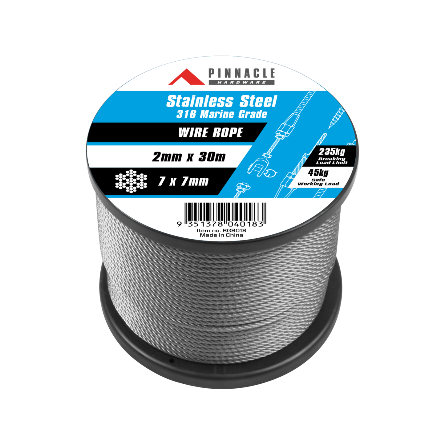 Pinnacle Stainless Steel 316 Marine Grade Wire Rope - 2mm x 30m
