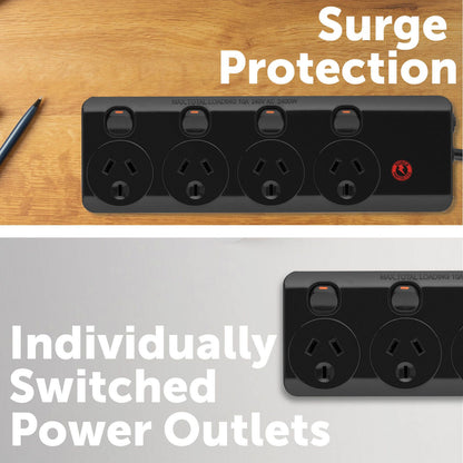 Arlec Black Surge Protected Powerboard - 4 Outlet - 3m