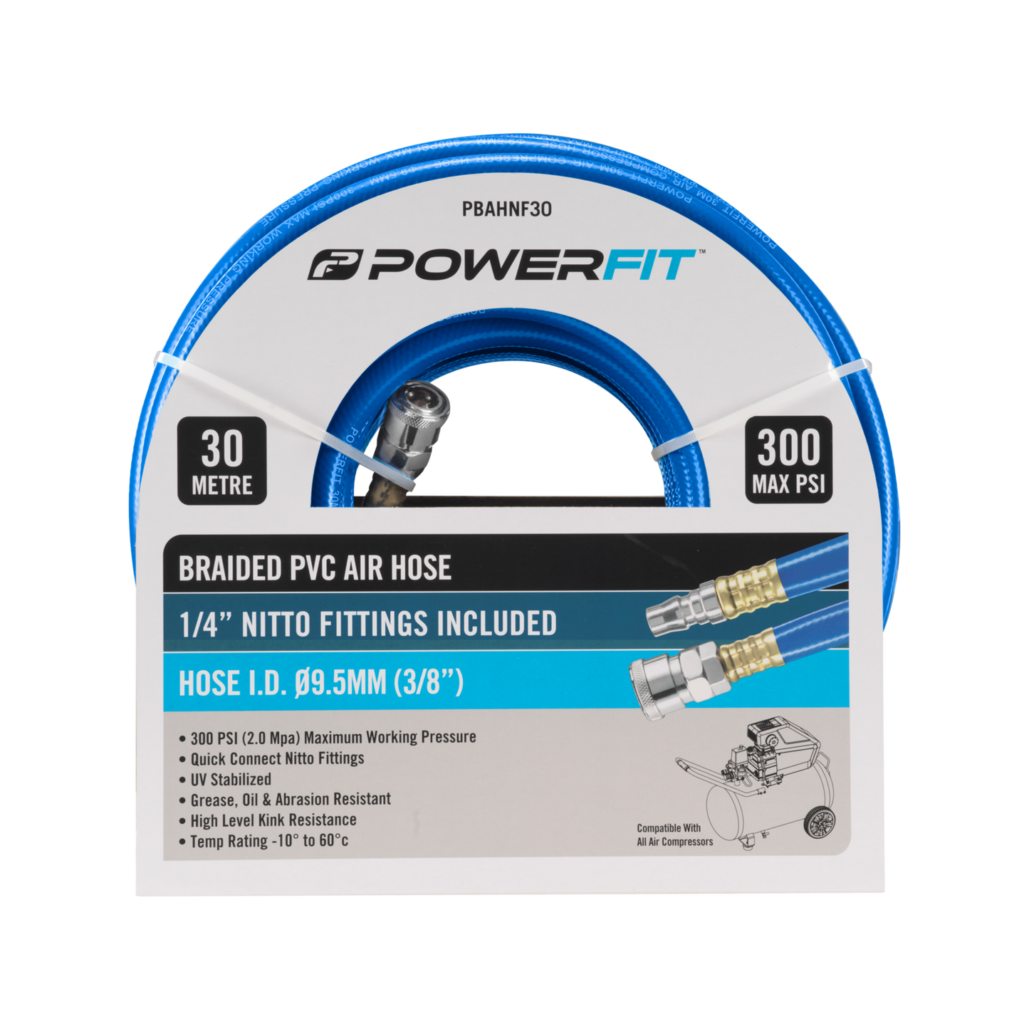 Powerfit Braided PVC Air Hose - 30m - 1/4" Nitto Fittings - 300 PSI
