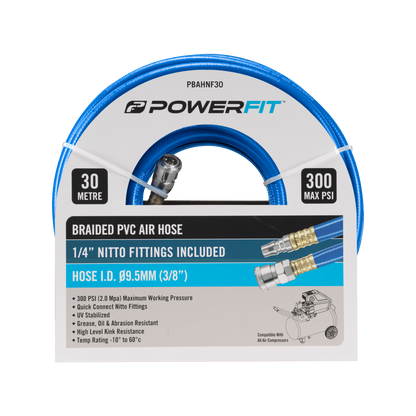 Powerfit Braided PVC Air Hose - 30m - 1/4" Nitto Fittings - 300 PSI