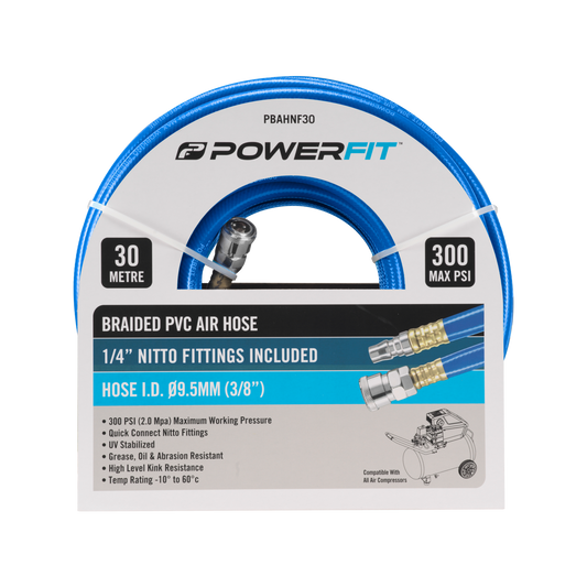 Powerfit Braided PVC Air Hose - 30m - 1/4" Nitto Fittings - 300 PSI
