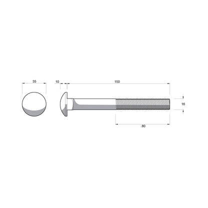 Zenith Hot Dip Galvanised Cup Head Bolts & Nuts - M16 x 150mm - 12 Pack