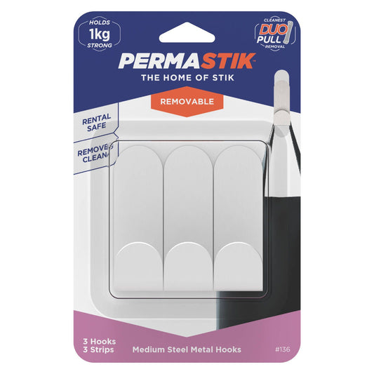 Permastik Medium Steel Metal Hooks Holds 1kg 3 Pack