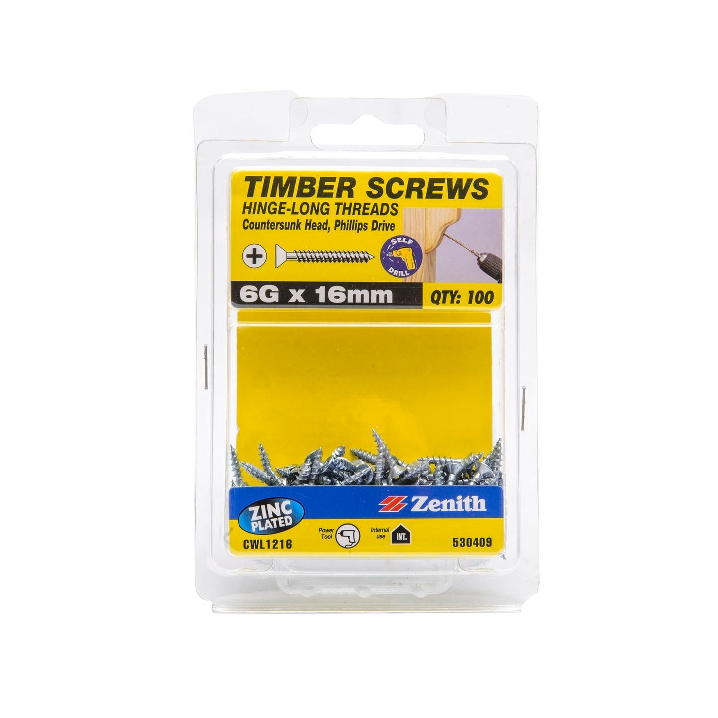 Zenith Hinge Long Thread Screw - 6g x 16mm - Zinc - 100 Pack