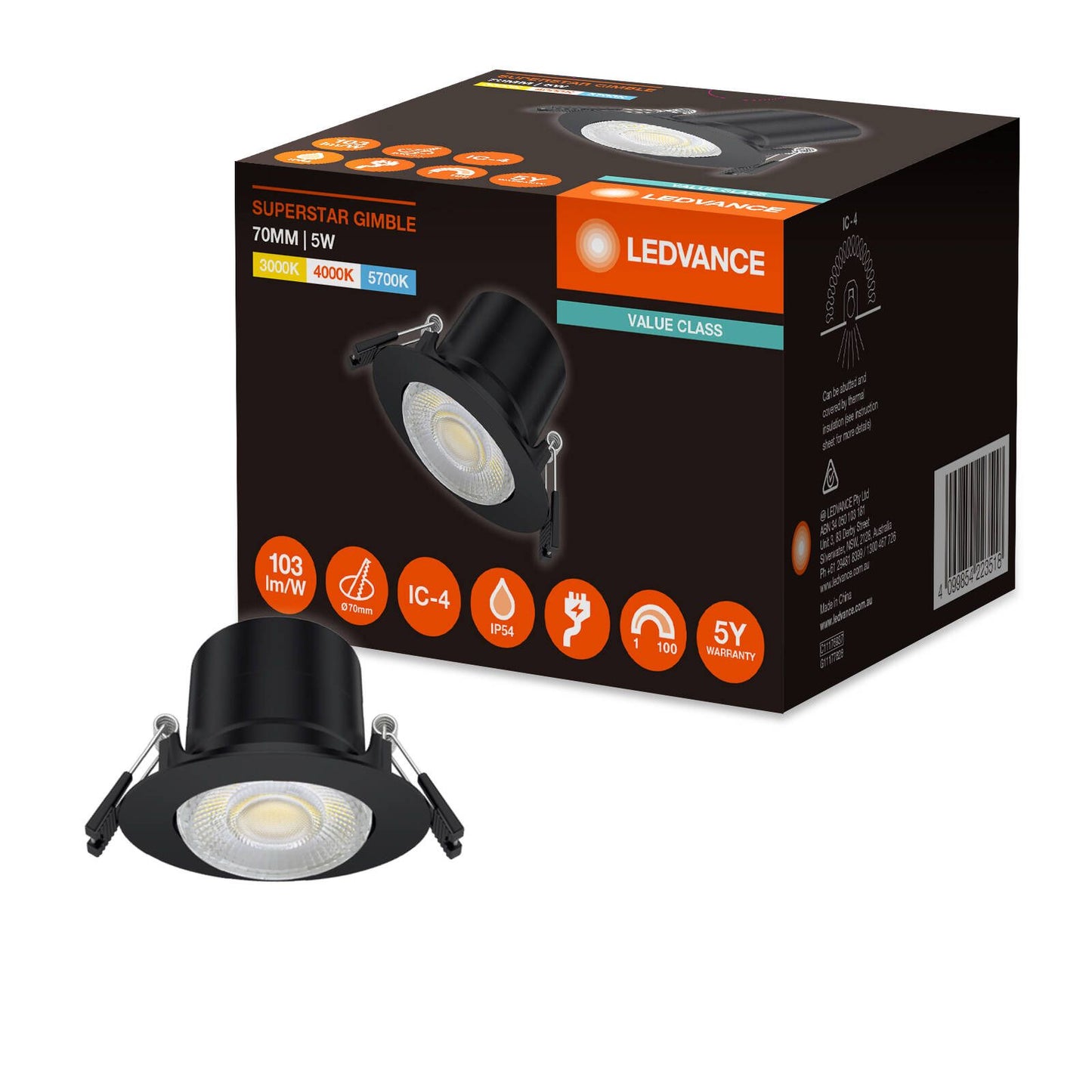 Ledvance Downlight Gimble LED - 70mm - Black - Tri Colour - 5W - Dimmable - IP54