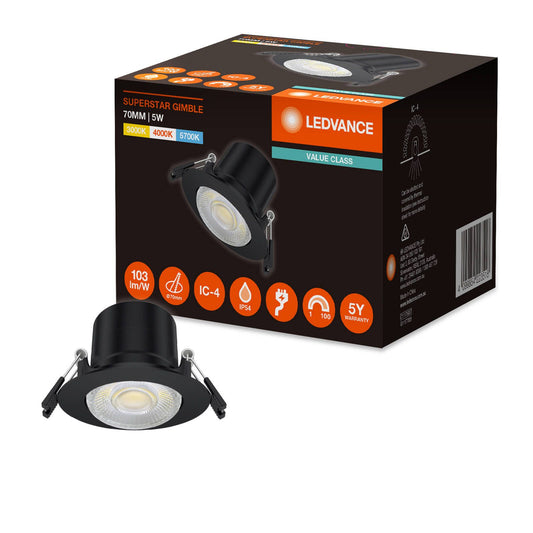 Ledvance Downlight Gimble LED - 70mm - Black - Tri Colour - 5W - Dimmable - IP54
